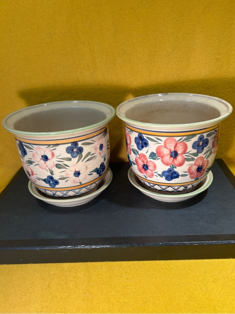 Hand-Painted Ceramic Planter Coral and Blue Floral Motif Normal Creasing